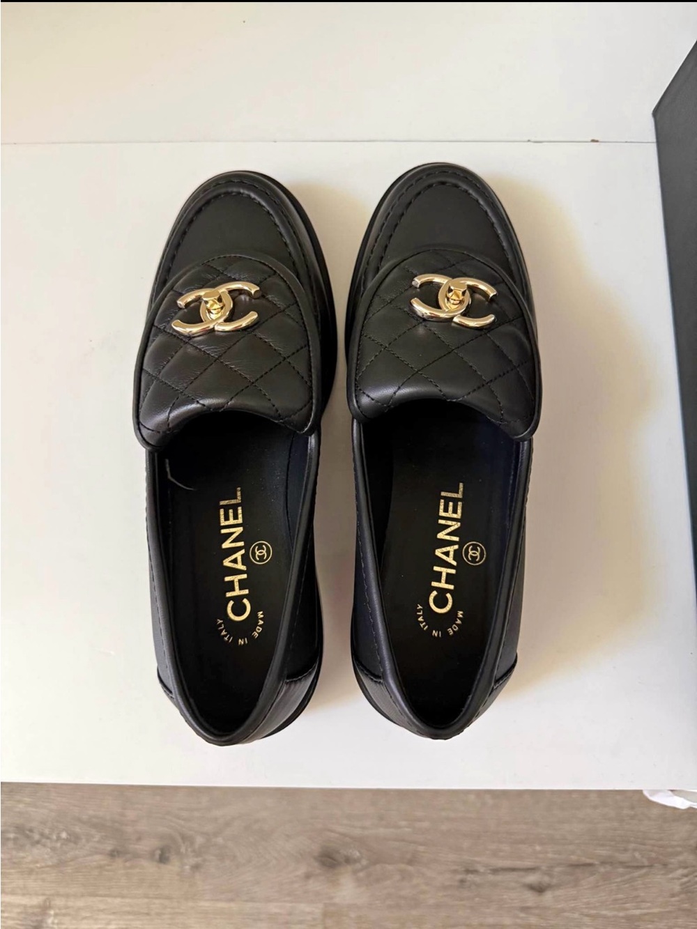 Chanel Quilted Tab Loafers Black Leather Size 36.5